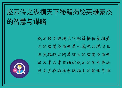 赵云传之纵横天下秘籍揭秘英雄豪杰的智慧与谋略